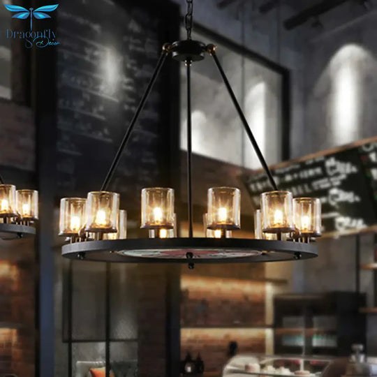 Clear Glass Wagon Wheel Hanging Chandelier Classic 12/16 Lights Living Room Pendant Light With