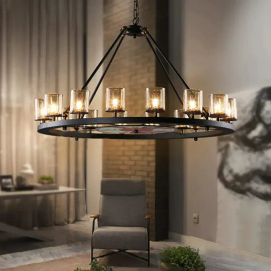 Clear Glass Wagon Wheel Hanging Chandelier Classic 12/16 Lights Living Room Pendant Light With