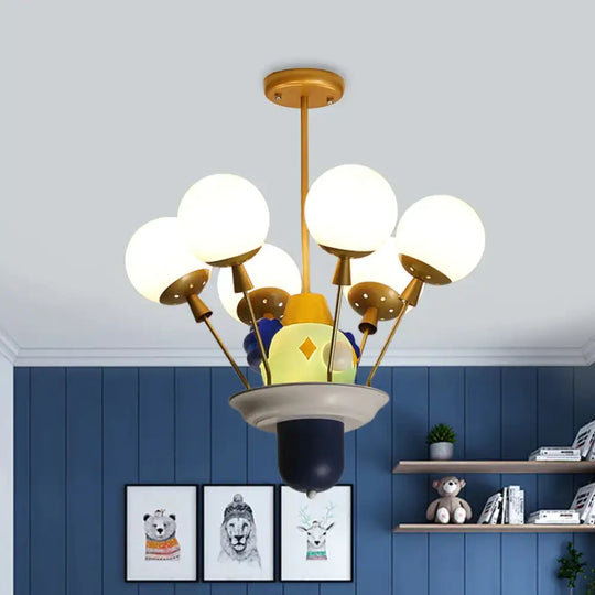 Clown And Balloon Chandelier Kids White/Blue - Pink - Yellow Glass 6 Bulbs Play Room Hanging