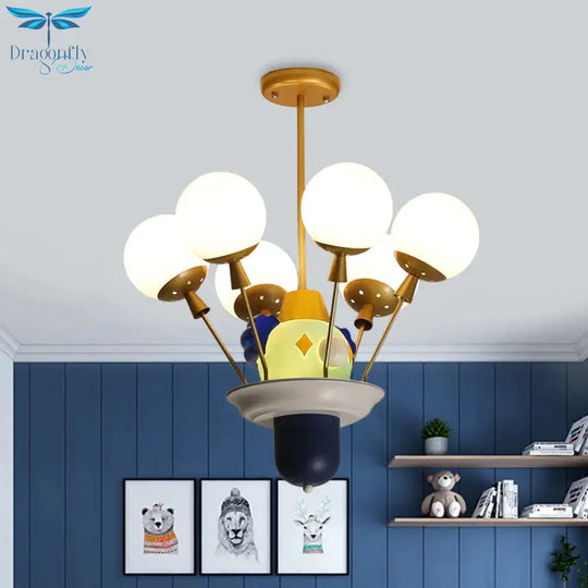 Clown And Balloon Chandelier Kids White/Blue - Pink - Yellow Glass 6 Bulbs Play Room Hanging