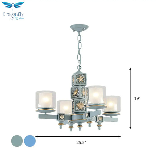 Coastal 4 - Light Hanging Chandelier Sky/Light Blue Dual Column Suspension Pendant With Clear And