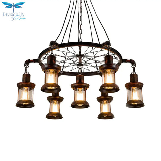 Coastal Lantern Hanging Lamp 7 Lights Clear Glass Chandelier Lighting In Rust With Wheel