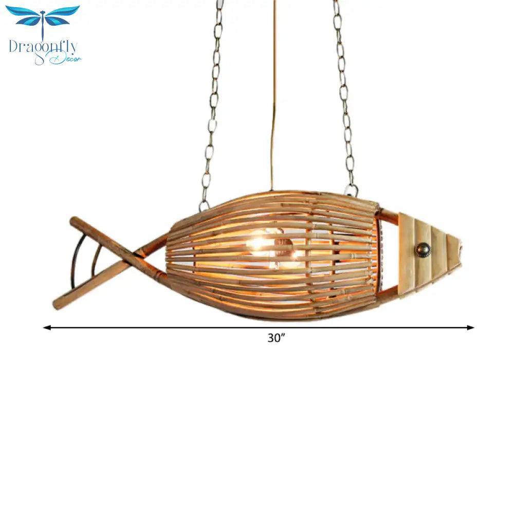 Coastal Style Fish Shaped Chandelier Light Fixture Bamboo 1 Bedroom Suspension Lamp In Beige
