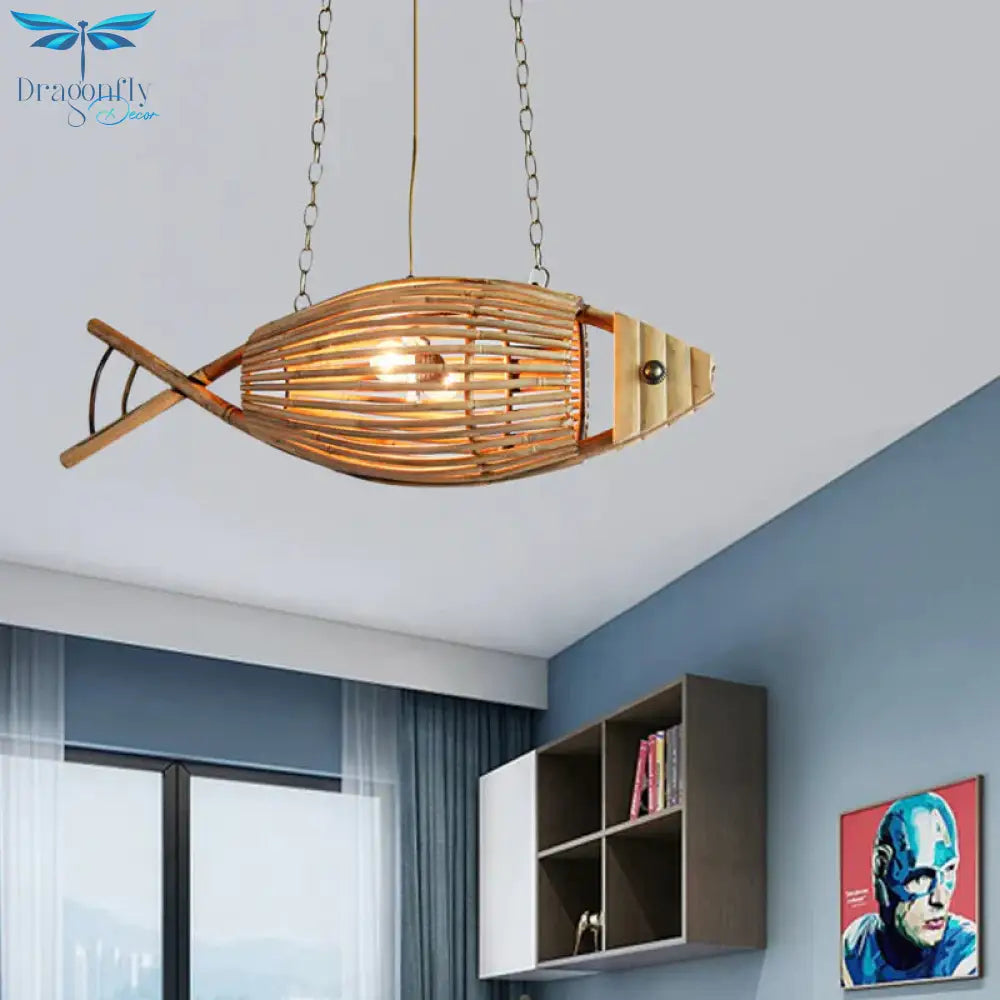 Coastal Style Fish Shaped Chandelier Light Fixture Bamboo 1 Bedroom Suspension Lamp In Beige