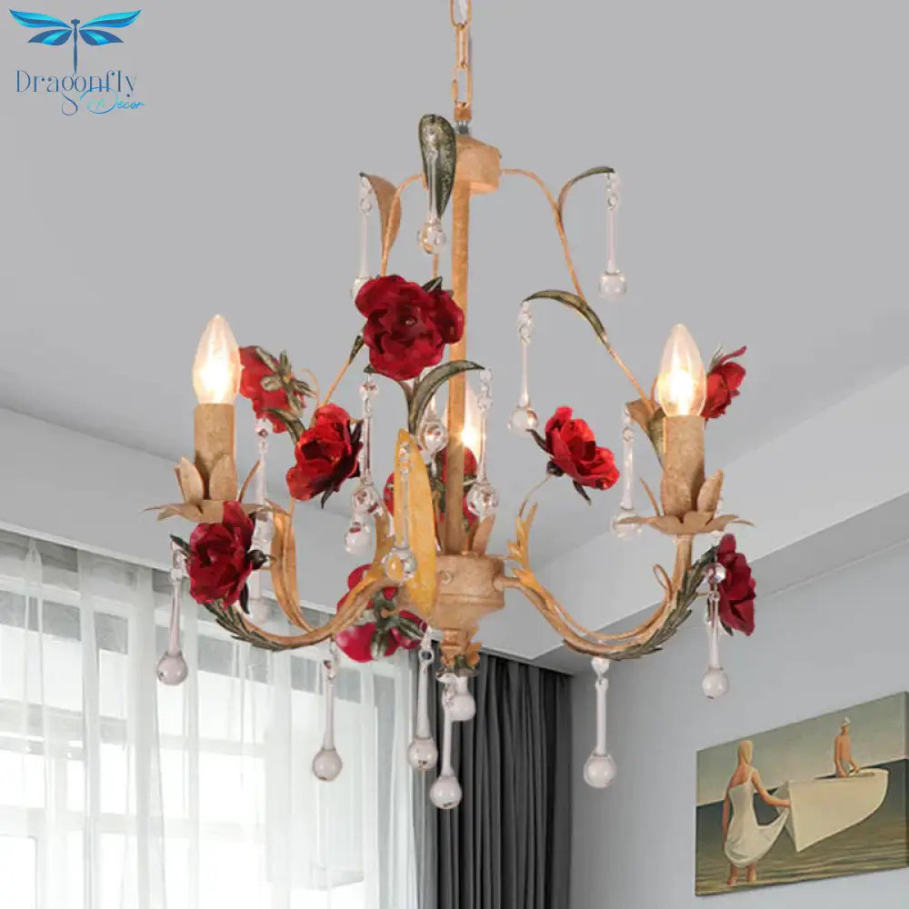 Coffee 3/6 Bulbs Suspension Lamp Pastoral Iron Rose - Embellished Candle Style Chandelier Over Table