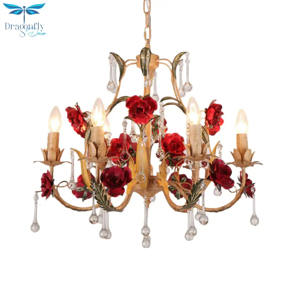 Coffee 3/6 Bulbs Suspension Lamp Pastoral Iron Rose - Embellished Candle Style Chandelier Over Table