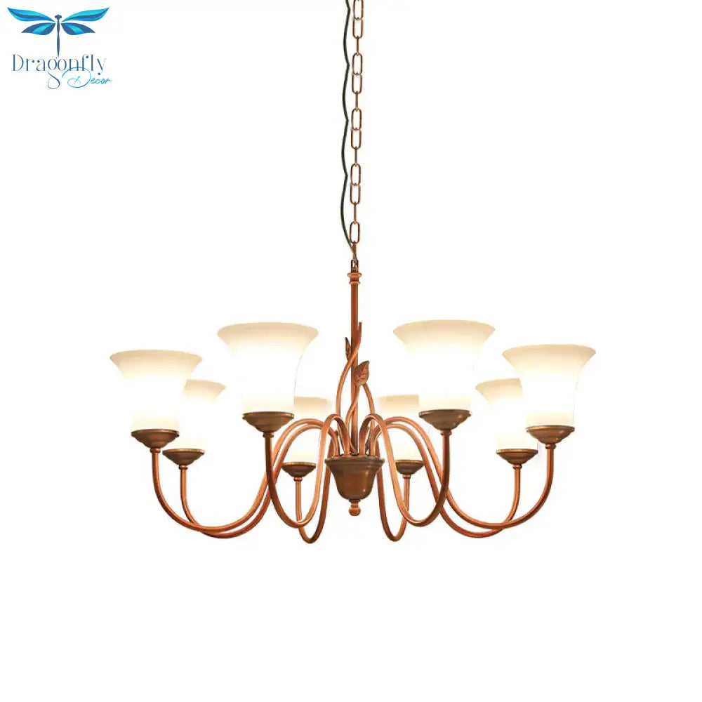 Coffee 8 Lights Pendant Chandelier Vintage Milky Glass Flared Ceiling Suspension Lamp For Living