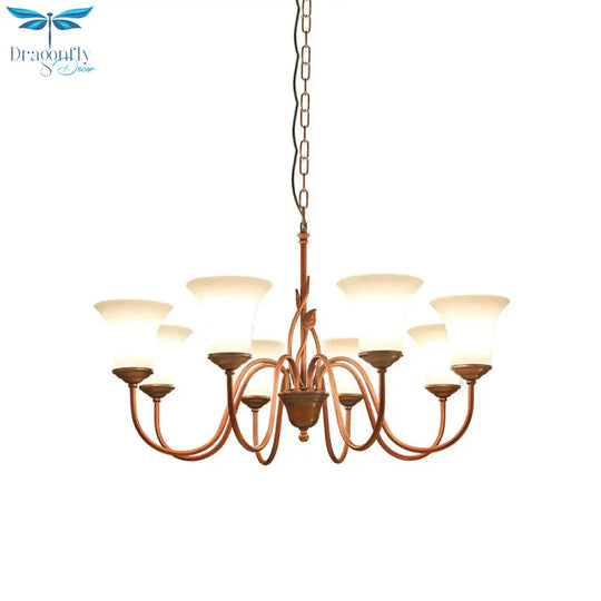 Coffee 8 Lights Pendant Chandelier Vintage Milky Glass Flared Ceiling Suspension Lamp For Living