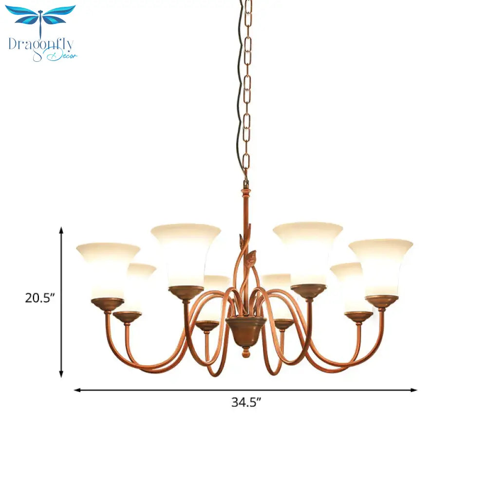 Coffee 8 Lights Pendant Chandelier Vintage Milky Glass Flared Ceiling Suspension Lamp For Living
