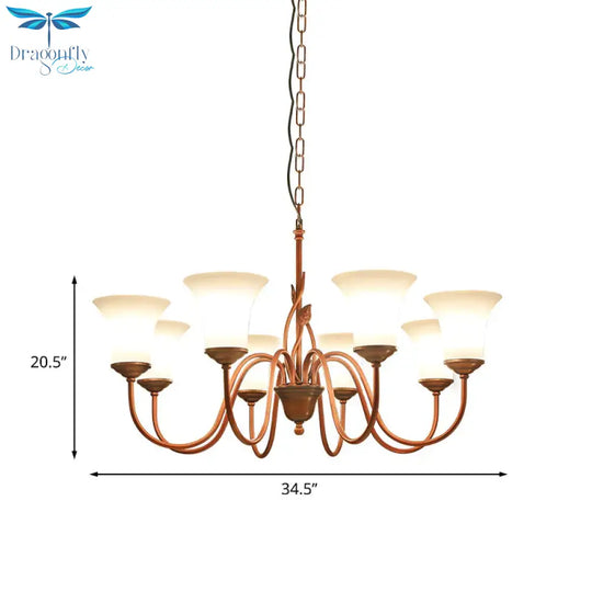 Coffee 8 Lights Pendant Chandelier Vintage Milky Glass Flared Ceiling Suspension Lamp For Living