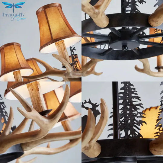 Coffee Paneled Bell Pendant Chandelier Rural Resin 8 Heads Dining Room Hanging Ceiling Light With