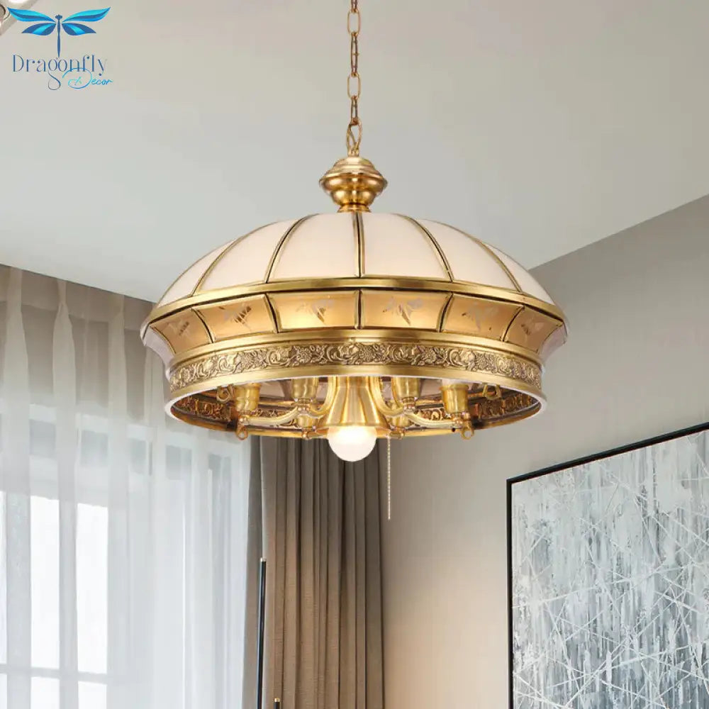 Colonial Brass Frosted Glass Chandelier - 7 - Light Domed Living Room Hanging Light