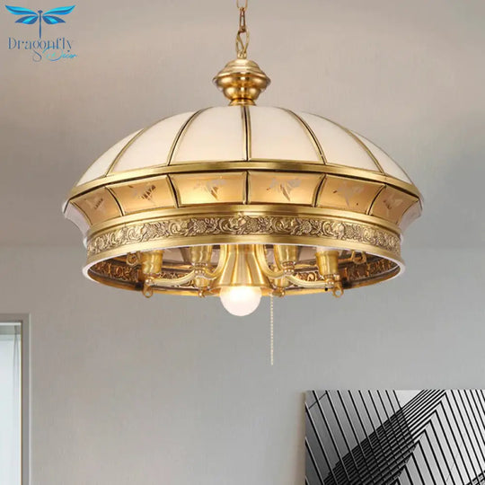 Colonial Brass Frosted Glass Chandelier - 7 - Light Domed Living Room Hanging Light
