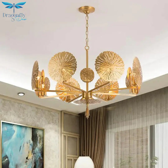 Colonial Lotus Pendant Ceiling Light 6/8 Heads Metal Chandelier Lighting Fixture In Gold For Living
