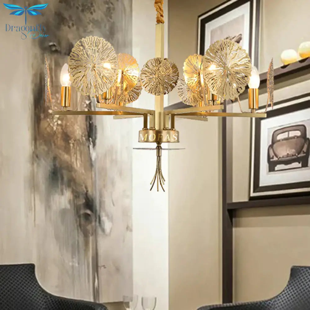 Colonial Lotus Pendant Ceiling Light 6/8 Heads Metal Chandelier Lighting Fixture In Gold For Living
