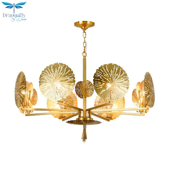 Colonial Lotus Pendant Ceiling Light 6/8 Heads Metal Chandelier Lighting Fixture In Gold For Living