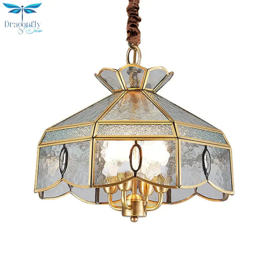 Colonial Style Geometric Pendant Chandelier 4 Lights Clear Water Glass Hanging Ceiling Lamp In Brass