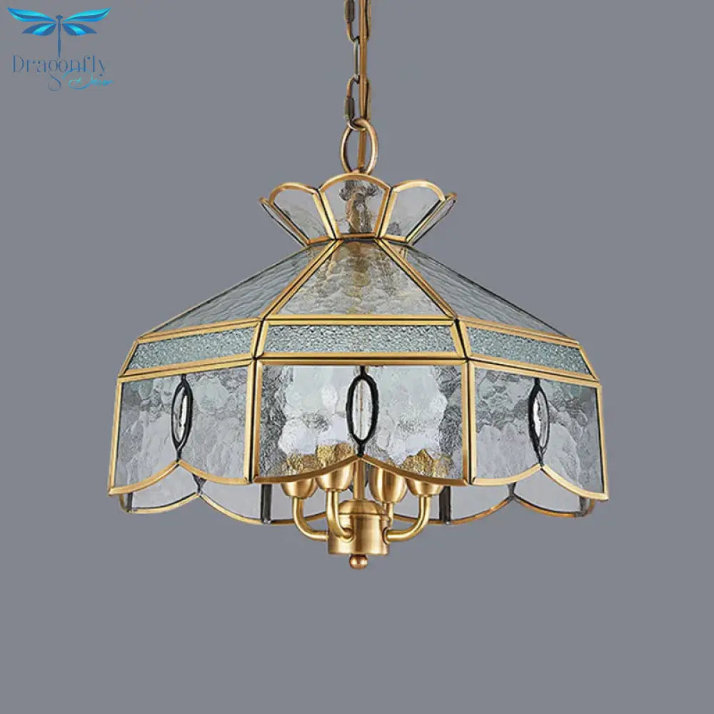 Colonial Style Geometric Pendant Chandelier 4 Lights Clear Water Glass Hanging Ceiling Lamp In Brass