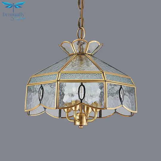 Colonial Style Geometric Pendant Chandelier 4 Lights Clear Water Glass Hanging Ceiling Lamp In Brass