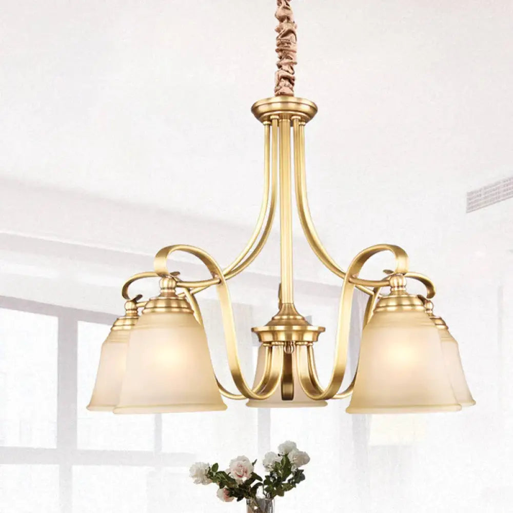 Colonialism Flared Chandelier Light Fixture 5/6 Bulbs Opal Glass Suspension Lamp In Gold With