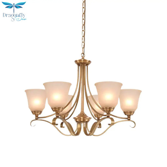 Colonialism Flared Chandelier Light Fixture 5/6 Bulbs Opal Glass Suspension Lamp In Gold With