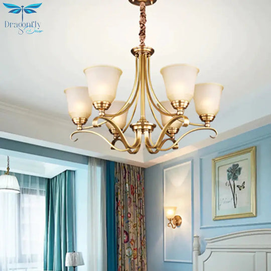 Colonialism Flared Chandelier Light Fixture 5/6 Bulbs Opal Glass Suspension Lamp In Gold With