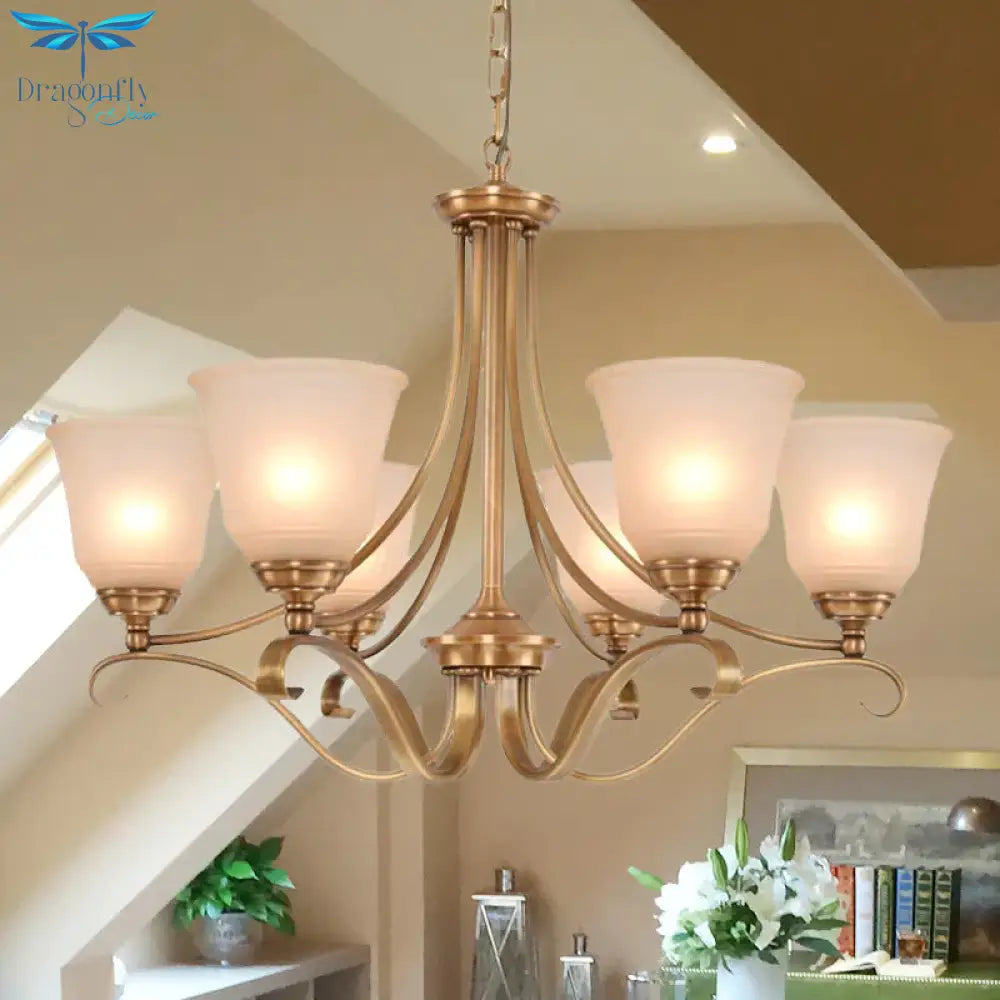 Colonialism Flared Chandelier Light Fixture 5/6 Bulbs Opal Glass Suspension Lamp In Gold With
