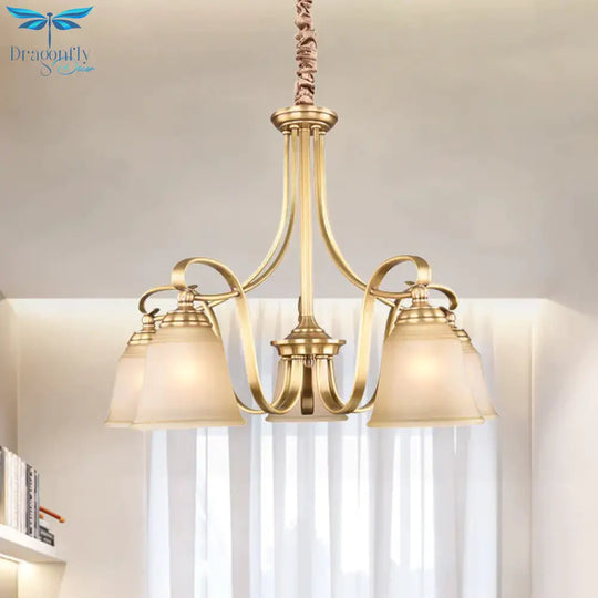 Colonialism Flared Chandelier Light Fixture 5/6 Bulbs Opal Glass Suspension Lamp In Gold With