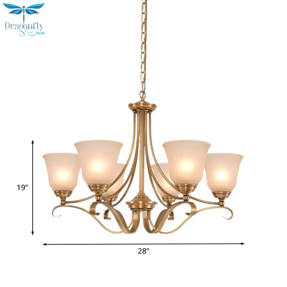 Colonialism Flared Chandelier Light Fixture 5/6 Bulbs Opal Glass Suspension Lamp In Gold With