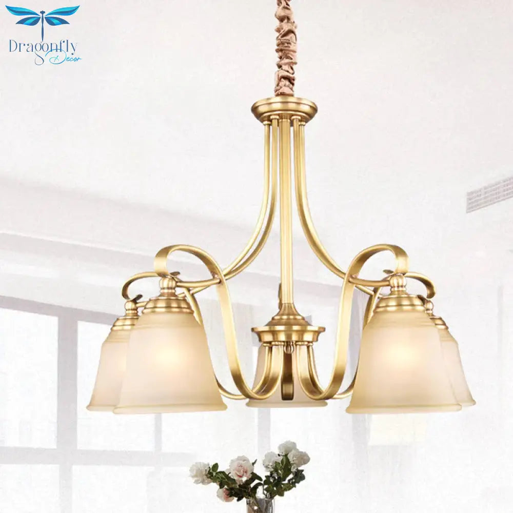 Colonialism Flared Chandelier Light Fixture 5/6 Bulbs Opal Glass Suspension Lamp In Gold With