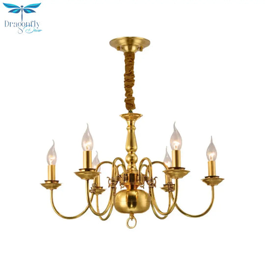 Colonialist Candle Hanging Pendant 6 Heads Metal Chandelier Lighting Fixture In Gold For Kitchen
