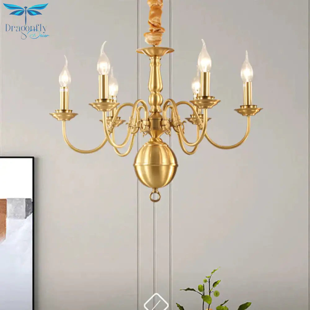 Colonialist Candle Hanging Pendant 6 Heads Metal Chandelier Lighting Fixture In Gold For Kitchen