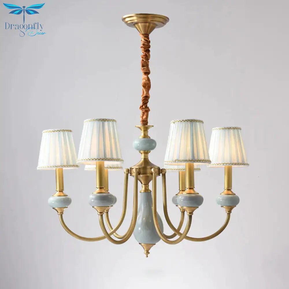 Cone Dining Room Chandelier Lamp Country Fabric 3/6 - Light Brass Finish Pendant Lighting Fixture