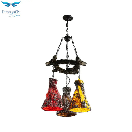Cone Dining Room Hanging Lamp Vintage Resin 3 - Bulb Black Chandelier Pendant Light With Curved
