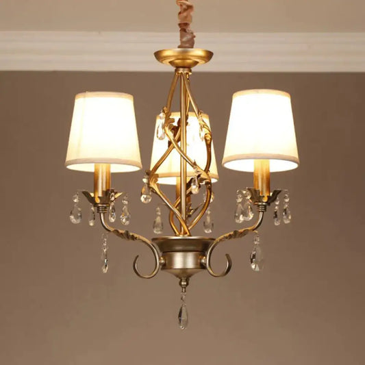 Cone Fabric Chandelier Light Classic 3 Lights Living Room Pendant Lighting In White With Crystal
