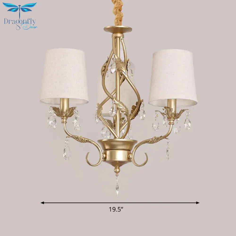 Cone Fabric Chandelier Light Classic 3 Lights Living Room Pendant Lighting In White With Crystal