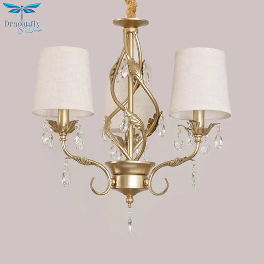Cone Fabric Chandelier Light Classic 3 Lights Living Room Pendant Lighting In White With Crystal