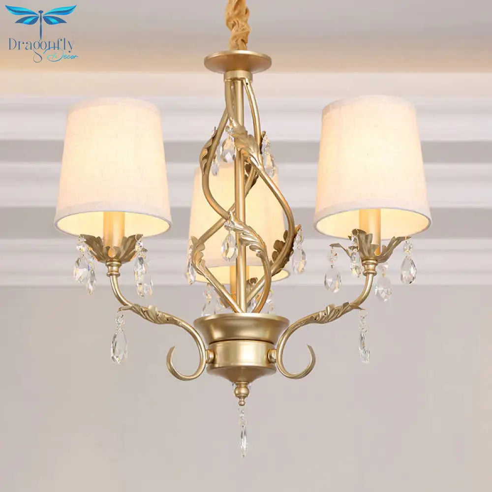 Cone Fabric Chandelier Light Classic 3 Lights Living Room Pendant Lighting In White With Crystal