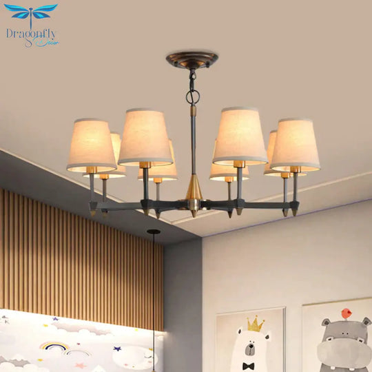 Cone Fabric Pendant Chandelier Country 3/6/8 Heads Hanging Ceiling Light In Black For Living Room