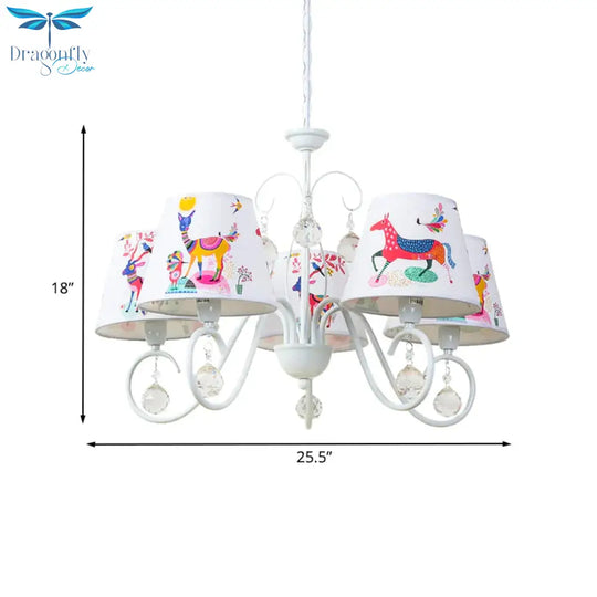 Cone Fabric Suspension Lamp Kids 5 Heads White Pendant Chandelier With Animal Pattern And Crystal