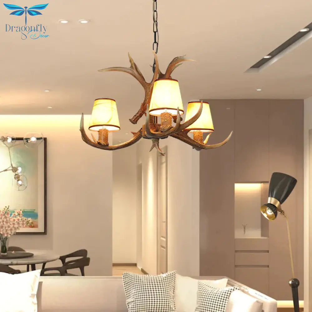 Cone Resin Pendant Lighting Traditional 3/5/6 - Bulb Living Room Chandelier Light With Deer Antler