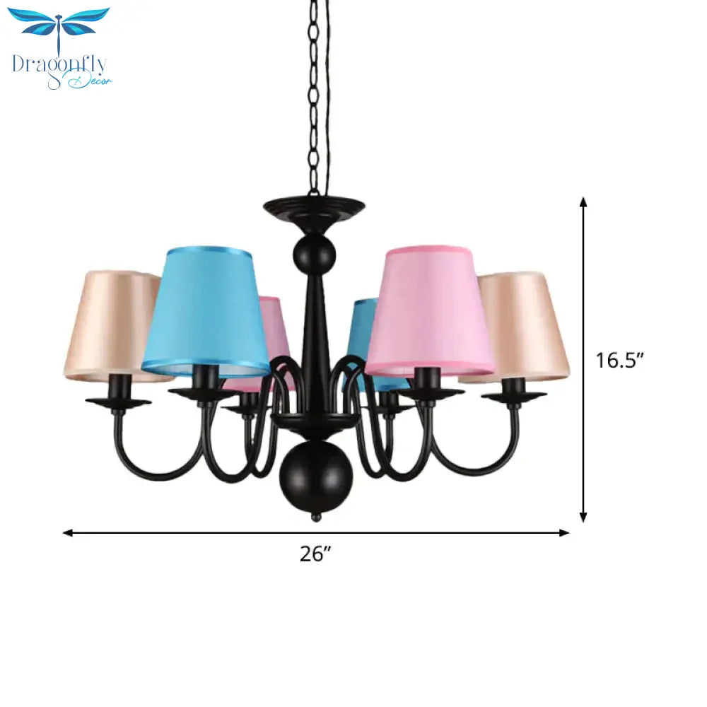 Cone Restaurant Ceiling Chandelier Traditional Fabric 6 Lights Black Finish Hanging Pendant Light