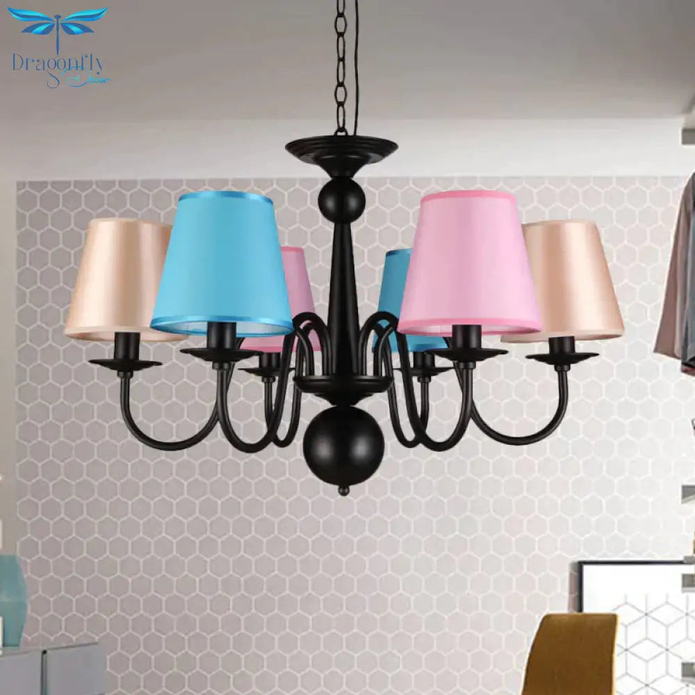 Cone Restaurant Ceiling Chandelier Traditional Fabric 6 Lights Black Finish Hanging Pendant Light