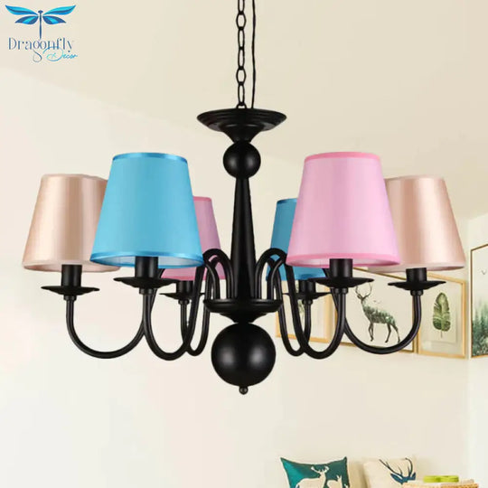 Cone Restaurant Ceiling Chandelier Traditional Fabric 6 Lights Black Finish Hanging Pendant Light