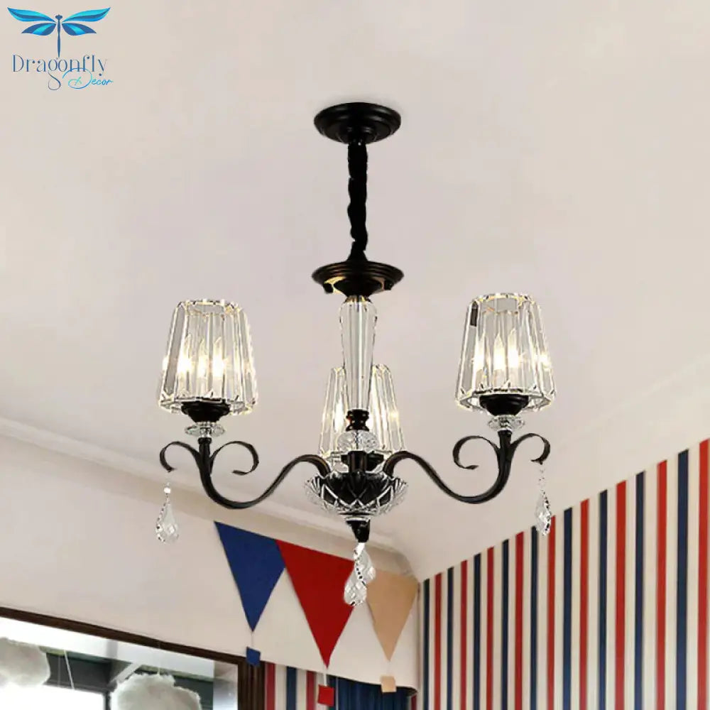 Cone Shade Hotel Ceiling Chandelier Retro Prismatic Crystal 3/6 - Light Black Drop Pendant With
