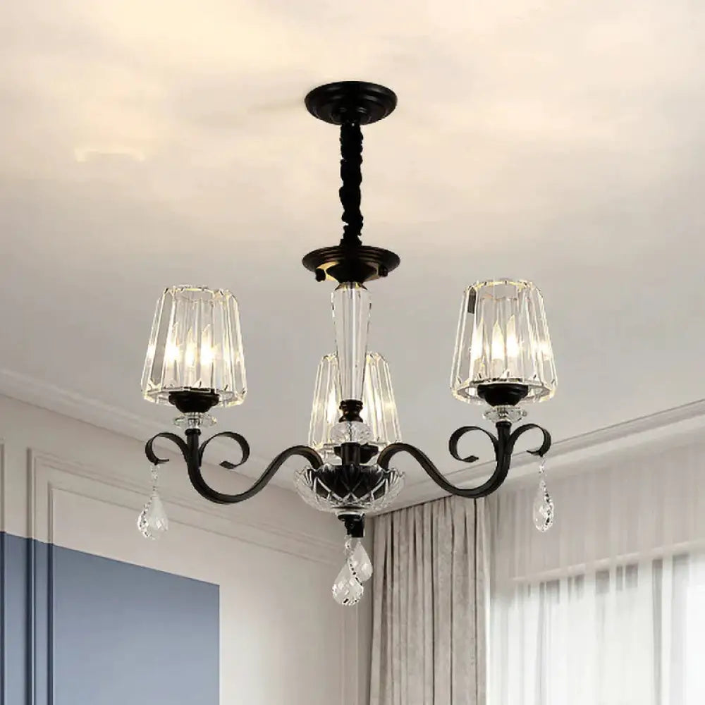 Cone Shade Hotel Ceiling Chandelier Retro Prismatic Crystal 3/6 - Light Black Drop Pendant With