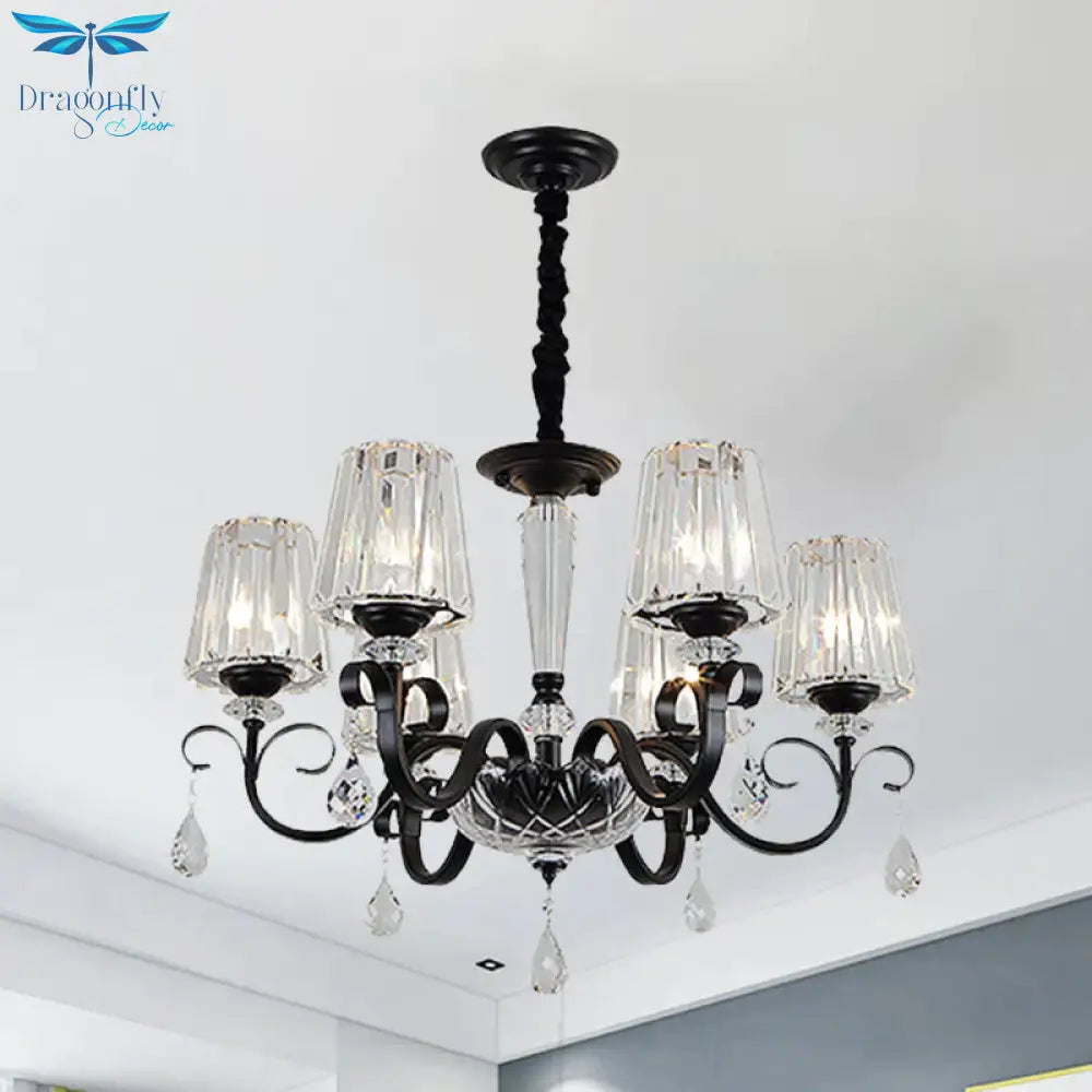 Cone Shade Hotel Ceiling Chandelier Retro Prismatic Crystal 3/6 - Light Black Drop Pendant With
