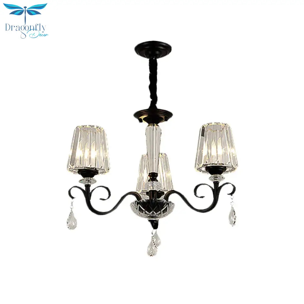 Cone Shade Hotel Ceiling Chandelier Retro Prismatic Crystal 3/6 - Light Black Drop Pendant With