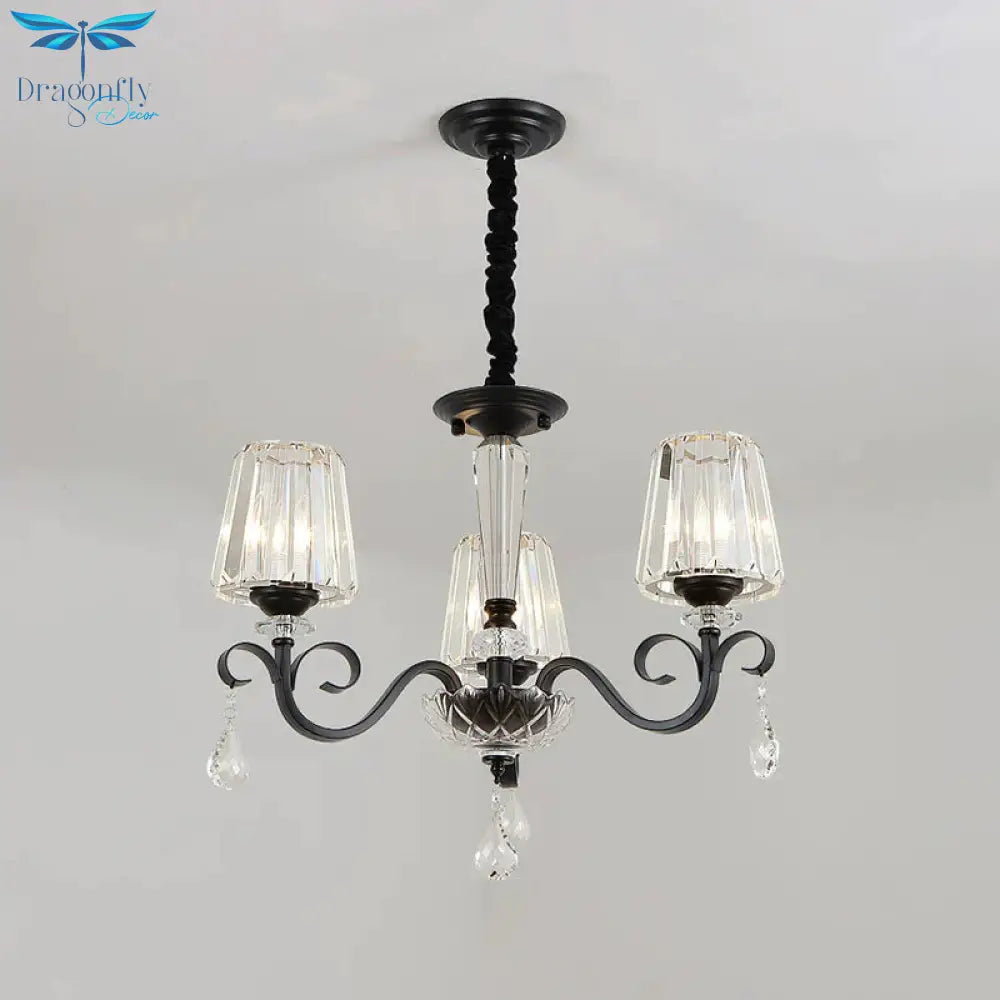 Cone Shade Hotel Ceiling Chandelier Retro Prismatic Crystal 3/6 - Light Black Drop Pendant With