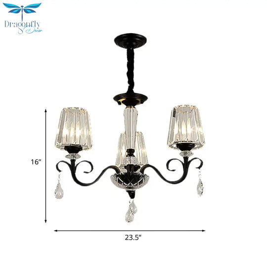 Cone Shade Hotel Ceiling Chandelier Retro Prismatic Crystal 3/6 - Light Black Drop Pendant With